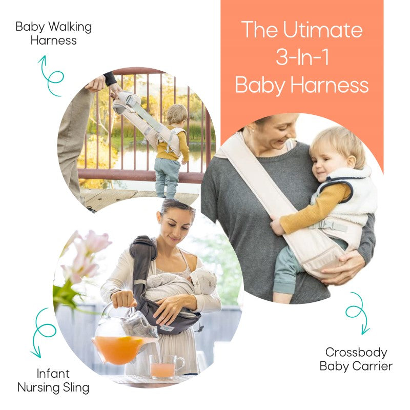 The Guillaumia 3 uses in 1 product. A mother is using the sling to nurse her infant. Another mother is using it to carry the baby crossbody, and lastly a parent is holding a walking baby using the harness function.